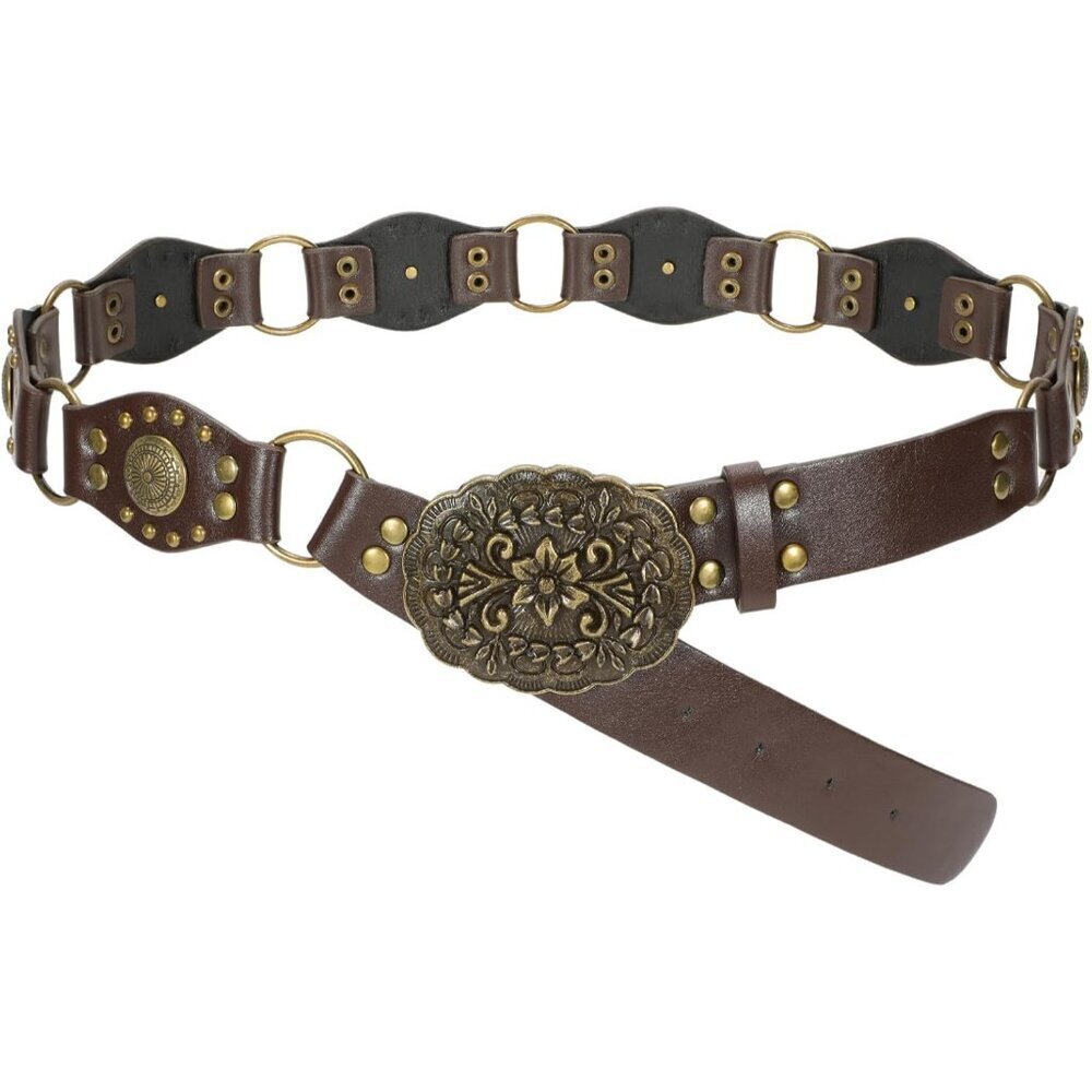 Western Leather Belt for Women Faux Leather Vintage Cowgirl Rivets Buckle